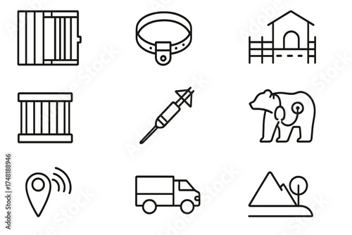 Wildlife Reintroduction Icons. Line style icons of wild animal reintroduction: animal release gate, tracking collar, soft-release