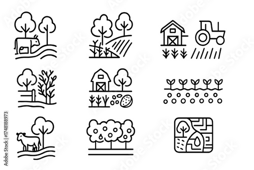 Sustainable Land Use Icons. Line style icons of sustainable land use: rotational grazing, agroforestry, low-impact farming,
