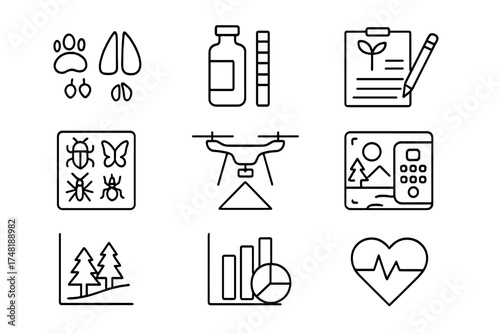 Ecosystem Monitoring Icons. Line style icons of tracking ecosystem health: animal signs, water test kit, plant survey form, insect
