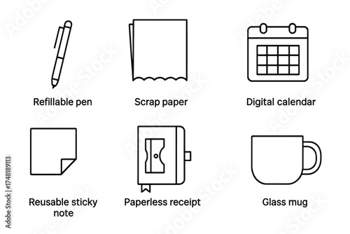 Zero-Waste Office Essentials. Line style icons of zero-waste office items: refillable pen, scrap paper pad, digital calendar,