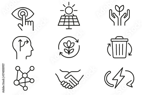 Permaculture Principles Icons. Line style icons of permaculture principles: observe and interact, catch and store energy, obtain a