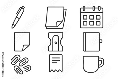 Zero-Waste Office Essentials. Line style icons of zero-waste office items: refillable pen, scrap paper pad, digital calendar,