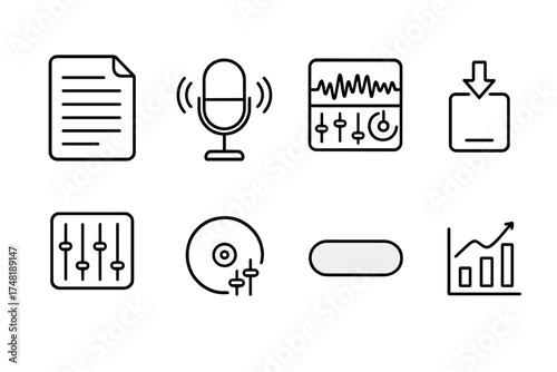 Podcast Production Workflow Icons. Line style icons of podcast production workflow: script sheet, voice recording, audio editing,