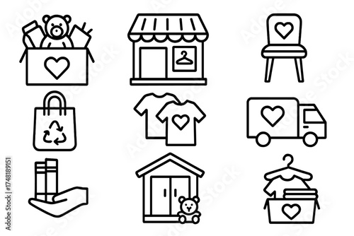 Donation and Reuse Icons. Line style icons of donation and reuse: charity box, secondhand store, upcycled chair, reused gift bag,