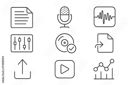 Podcast Production Workflow Icons. Line style icons of podcast production workflow: script sheet, voice recording, audio editing,