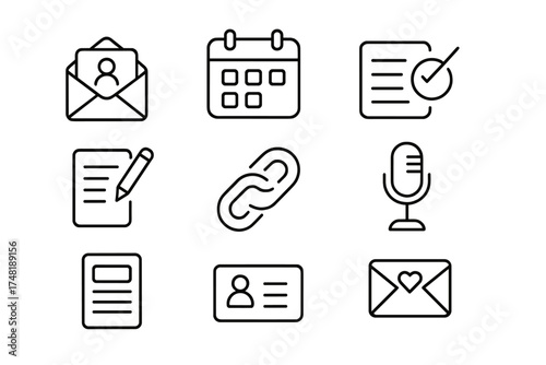 Podcast Guest Icons. Line style icons of podcast guest management: guest invite, calendar slot, booking confirmation, prep notes,