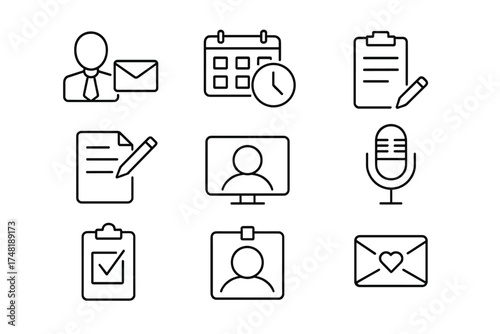 Podcast Guest Icons. Line style icons of podcast guest management: guest invite, calendar slot, booking confirmation, prep notes,