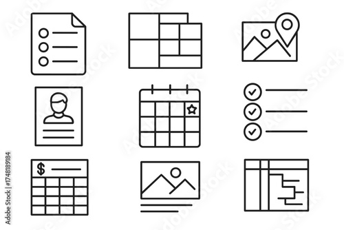 Indie Film Pre-Production Icons. Line style icons of pre-production tools in indie film: shot list, mood board, location scouting,