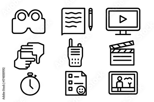 Indie Filmmaker Tools. Line style icons of indie director’s tools: director viewfinder, script notes, monitor screen,