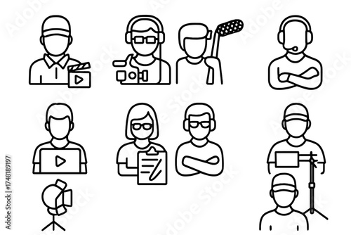Filmmaking Crew Icons. Line style icons of filmmaking crew roles: director, cinematographer, sound engineer, editor, script