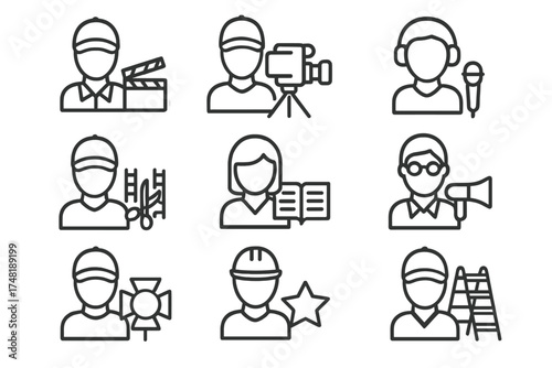 Filmmaking Crew Icons. Line style icons of filmmaking crew roles: director, cinematographer, sound engineer, editor, script