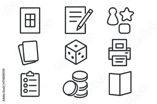 Game Prototyping Icons. Line style icons of game prototyping: paper board mockup, pencil notes, cutout tokens, blank cards, dice