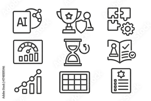 Solo Board Game Icons. Line style icons of solo board game mode: AI deck, solo challenge, puzzle setup, progress tracker, turn