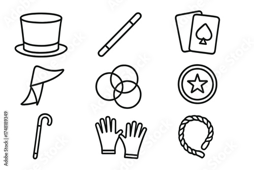 Magic Trick Icons. Line style icons of magic trick essentials: top hat, magician wand, deck of cards, silk scarf, magic rings,