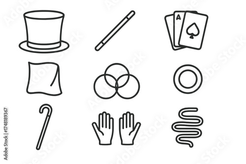 Magic Trick Icons. Line style icons of magic trick essentials: top hat, magician wand, deck of cards, silk scarf, magic rings,