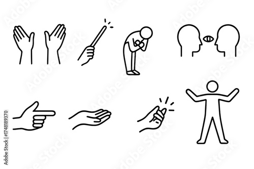 Performance Gesture Icons. Line style icons of performance gestures: flourish hands, wand tap, dramatic bow, eye contact,