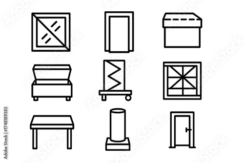 Illusion Mechanism Icons. Line style icons of stage illusion mechanisms: mirror wall, sliding panel, false bottom, spring box,