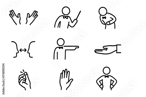 Performance Gesture Icons. Line style icons of performance gestures: flourish hands, wand tap, dramatic bow, eye contact,