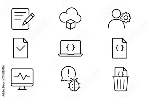 Function Lifecycle Icons. Line style icons of function lifecycle: function write, deploy code, invoke function, log result, return