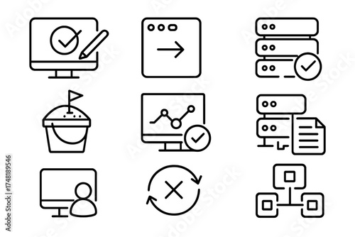 Serverless Testing Icons. Line style icons of serverless testing strategies: unit test icon, mock input, integration test, sandbox