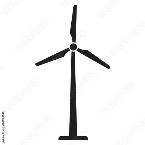 Black wind turbine silhouette generating green energy for a sustainable future against a white background renewable energy icon