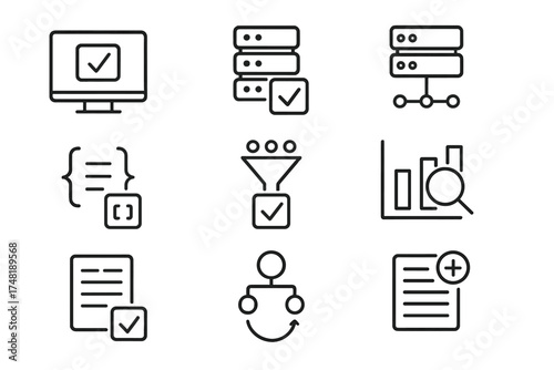 Serverless Testing Icons. Line style icons of serverless testing strategies: unit test icon, mock input, integration test, sandbox