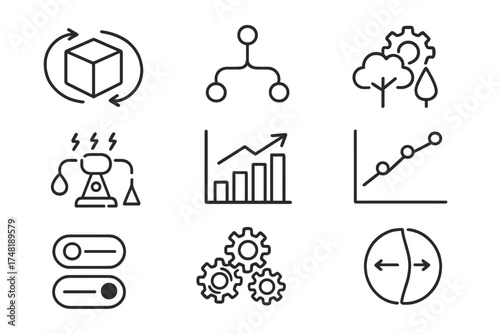 Digital Twins Icons. Line style icons of simulation with digital twins: 3D rotation symbol, what-if scenario, environment test,