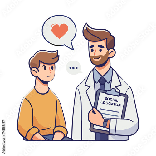 Flat Illustration Doctor in White Coat Consulting Boy with Heart Speech Bubble Icon