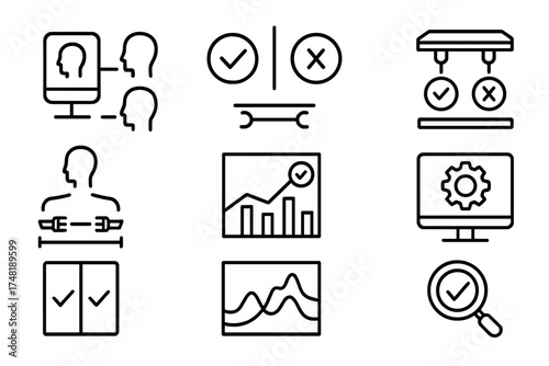 Twin Testing Icons. Line style icons of twin validation and testing: digital vs. physical icon, result comparison, test bench