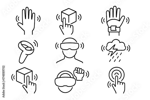 VR_AR Haptic Icons. Line style icons of haptic feedback in VR/AR: hand gesture vibration, virtual object touch, immersive glove,