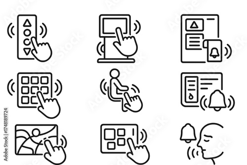 Haptic Feedback Icons. Line style icons of haptic feedback in public spaces: elevator panel buzz, kiosk response cue, ticket