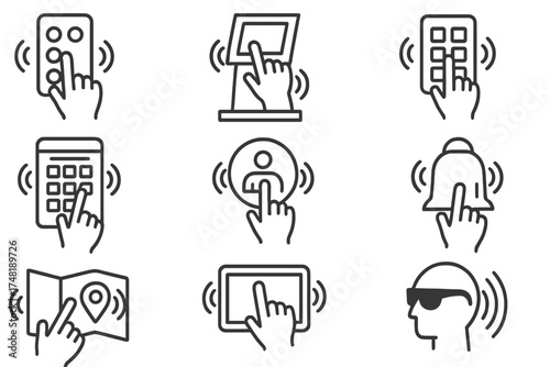 Haptic Feedback Icons. Line style icons of haptic feedback in public spaces: elevator panel buzz, kiosk response cue, ticket