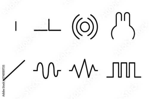 Haptic Pattern Icons. Line style icons of haptic pattern types: short pulse, long buzz, wave ripple, double tap feel, gradual ramp