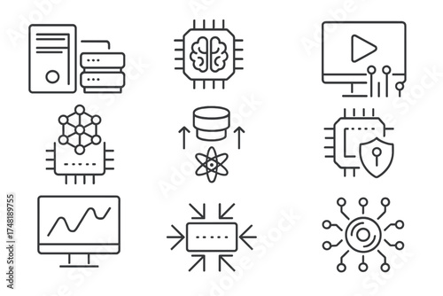 Optical Computing Icons. Line style icons of optical computing applications: high-speed server, AI acceleration chip, real-time