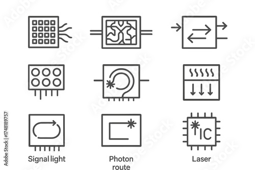 Photonic Chip Icons. Line style icons of photonic chips and circuits: multi-core optical chip, integrated waveguide pattern, chip