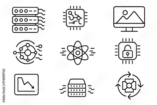 Optical Computing Icons. Line style icons of optical computing applications: high-speed server, AI acceleration chip, real-time
