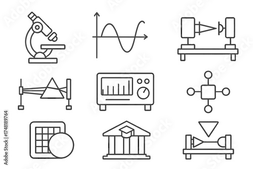 Optics Research Icons. Line style icons of research and development in optics: lab microscope, simulation graph, optics test rig,