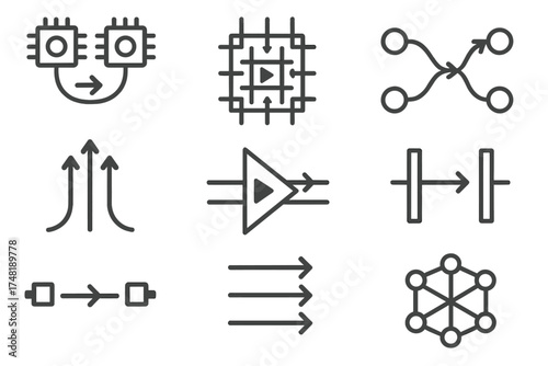 Optical Connection Icons. Line style icons of optical bus and interconnects: chip-to-chip fiber, optical crossbar, interconnect
