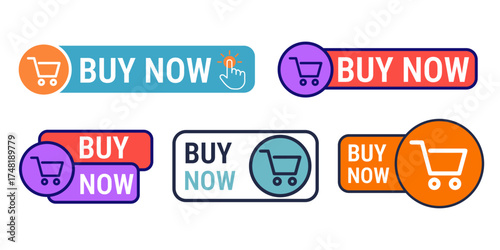 Collection of six different buy now buttons with shopping cart icons for online retail and e commerce promotions