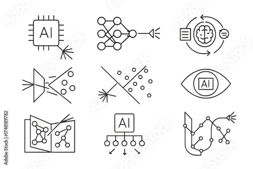 AI Optical Computing Icons. Line style icons of AI-powered optical computing: photonic AI chip, light-based neural net, AI