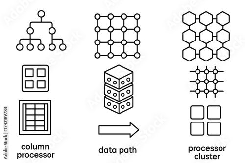 Neuromorphic Architecture Icons. Line style icons of neuromorphic architecture: hierarchical core layout, crossbar array, parallel