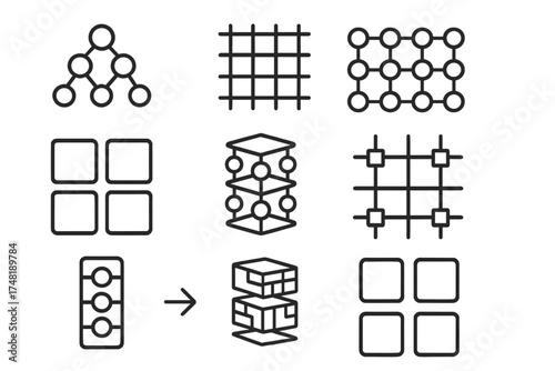 Neuromorphic Architecture Icons. Line style icons of neuromorphic architecture: hierarchical core layout, crossbar array, parallel
