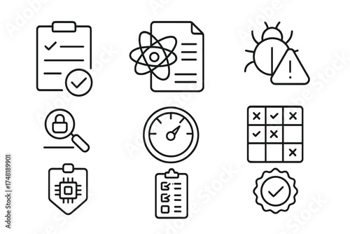 PQ Readiness Icons. Line style icons of PQ readiness assessment: system audit checklist, quantum impact scan, vulnerability report