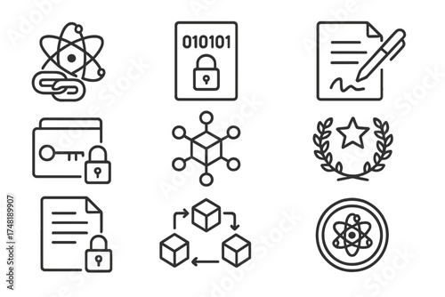 Blockchain Security Icons. Line style icons of blockchain and PQ integration: quantum-safe blockchain, secure block hash,