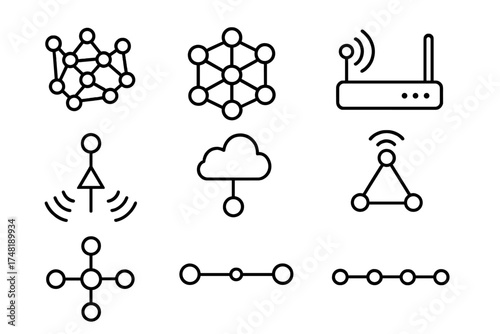 Sensing Network Icons. Line style icons of sensing networks and architecture: dust mesh icon, multiple node cluster, gateway