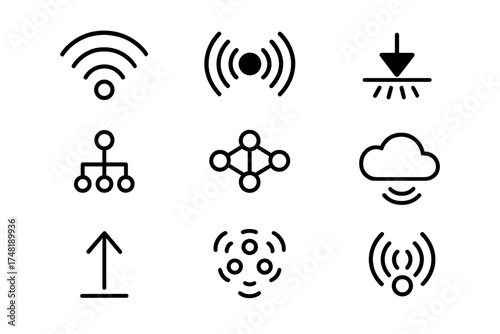 Smart Dust Iconography. Line style icons of smart dust communication: wireless data icon, RF signal wave, infrared beam,