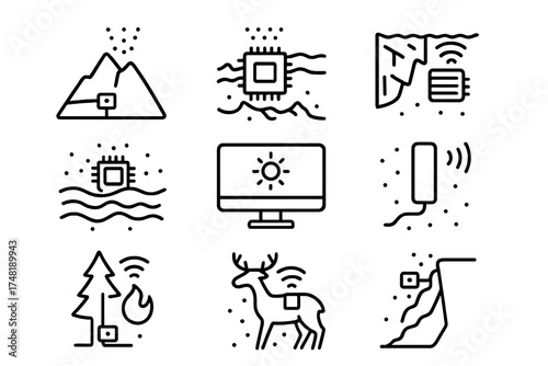 Smart Dust Icons. Line style icons of smart dust in environmental science: volcano sensor node, seismic dust icon, glacier motion
