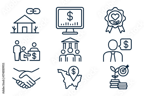 Microfinance Line Icons. Line style icons of microfinance institutions: rural branch icon, fintech platform, NGO funding badge,