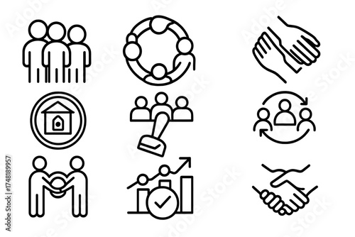Group Lending Icons. Line style icons of group lending models: joint liability group icon, self-help group circle, peer support