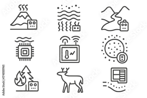 Smart Dust Icons. Line style icons of smart dust in environmental science: volcano sensor node, seismic dust icon, glacier motion